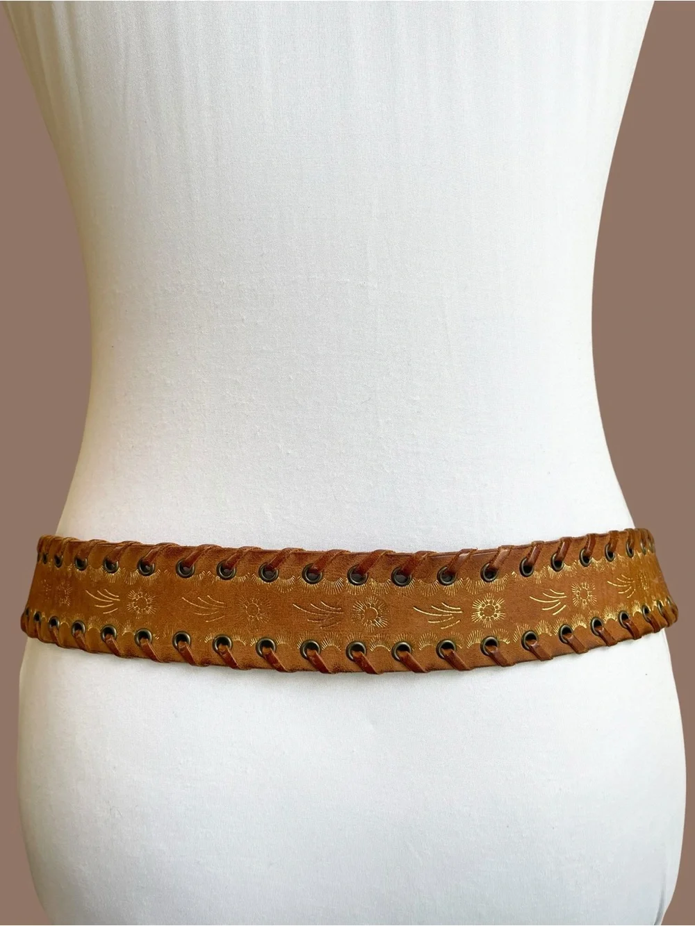Streets Ahead Cognac Leather Belt Square Patina Buckle Boho Vintage 90s Size M/L